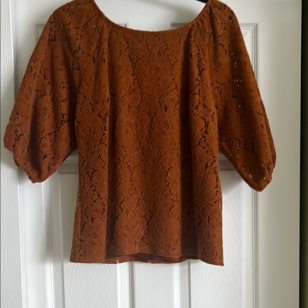 Dolan Lace Cut Corduroy Rust Puff Sleeve Blouse
